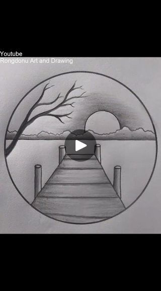 a drawing of a dock and tree with the sun in the background, on a piece of paper