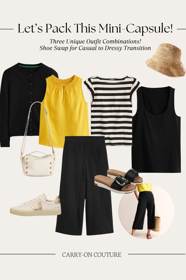 Day-to-night transitions are made easy with a simple shoe swap: sneakers for day…sandals and a cardigan to dress up for evenings. These guazy black pants...the wrinkles are built-in, making them a travel capsule wardrobe all-star.  These four clothing pieces, two pairs of shoes, and one crossbody purse all combine to create three unique outfit combinations. Bonus: These pieces are so versatile, they will effortlessly work into your existing travel capsule wardrobe! 4 Day Travel Outfits Capsule Wardrobe, Black And White Capsule Wardrobe Summer, Black Wardrobe Capsule, Black Pants Capsule Wardrobe, Mini Capsule Wardrobe, Black And White Capsule Wardrobe, Summer Outfits Black, Travel Capsule Wardrobe Spring, Clothes For Women Over 60