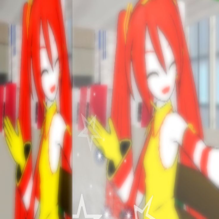 an animated image of a woman with red hair pointing at her hand and looking in the mirror