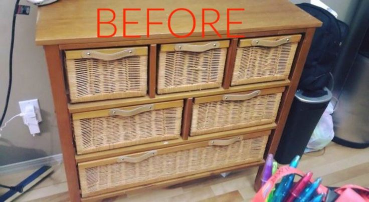 a wooden dresser with wicker baskets on the top and bottom drawers in front of it