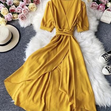 Chic V-neck Solid Color Midi Dress, Elegant V-neck Short Sleeve Dress, Spring Party Short Sleeve V-neck Dress, Yellow Short Sleeve Solid Midi Dress, Chic Midi-length V-neck Dress In Solid Color, Elegant V-neck Solid Color Dress, Chic Solid Color Midi V-neck Dress, Elegant Yellow V-neck Midi Dress, Chic Solid Color Half Sleeve Midi Dress