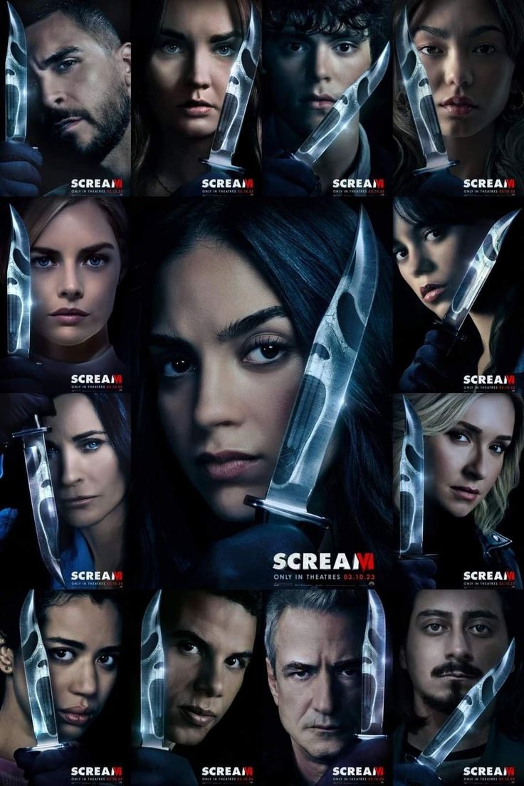 the poster for scream is shown with many different faces and knives in each face,