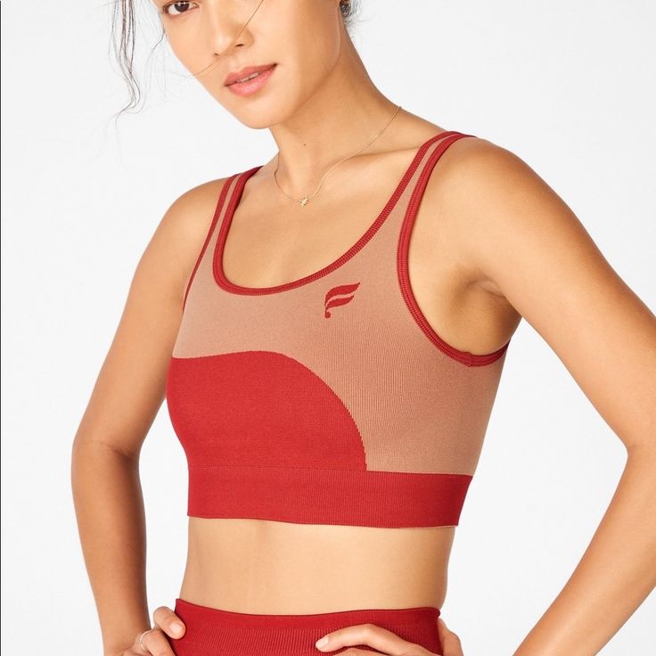 Reversible Low Impact Sports Bra And High Waisted Seamless Colorblock Shorts By Fabletics. New With Tags Sports Bra Bag Was Opened But Is Unused With Tags. Size:Small Color: Red/Maplewood Red High Stretch Activewear With Built-in Bra, Red High Stretch Sports Bra With Built-in Support, Compressive Red Activewear, Red Sports Bra With Seamless Stretch Construction, Red Sports Bra With Light Support For Workout, Red Compressive Activewear For Workout, Red Athleisure Sports Bra For Running, Red Functional Activewear With Athletic Fit, Red Athletic Fit Activewear