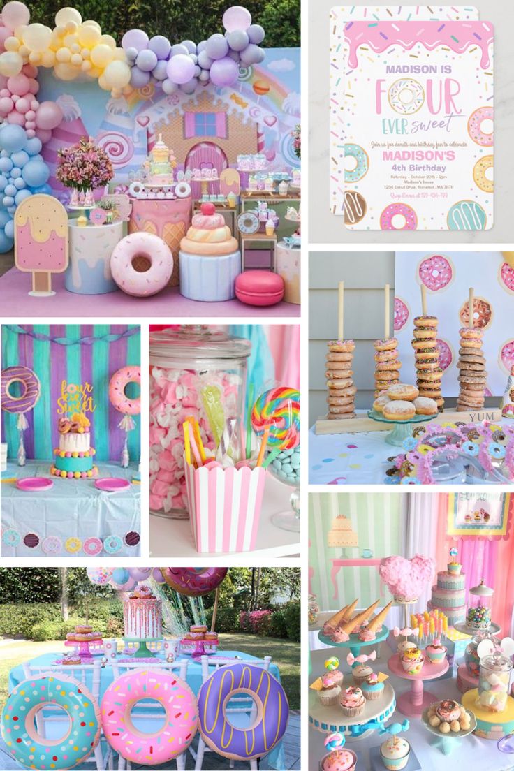 this is a collage of photos with donuts, cakes and desserts on it