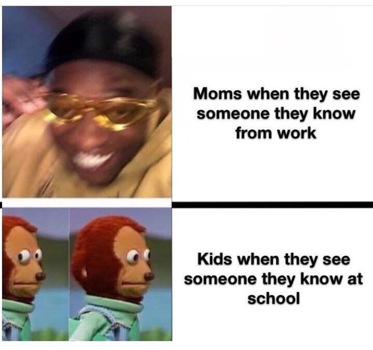 two pictures with the words moms when they see someone they know from work kids when they