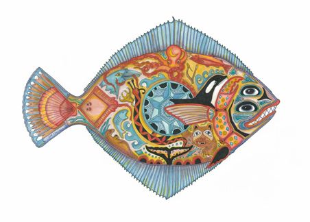 a colorful fish is shown in this hand painted drawing by artist elizabeth schneck