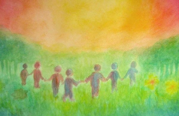 a painting of children holding hands in a field