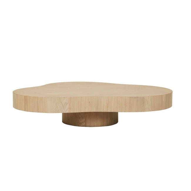 a round wooden table with a circular base on the top, and an oval shape