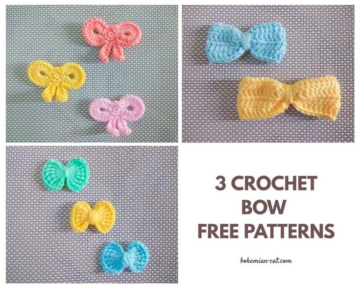 four crochet bow patterns with the text 3 crochet bow free patterns