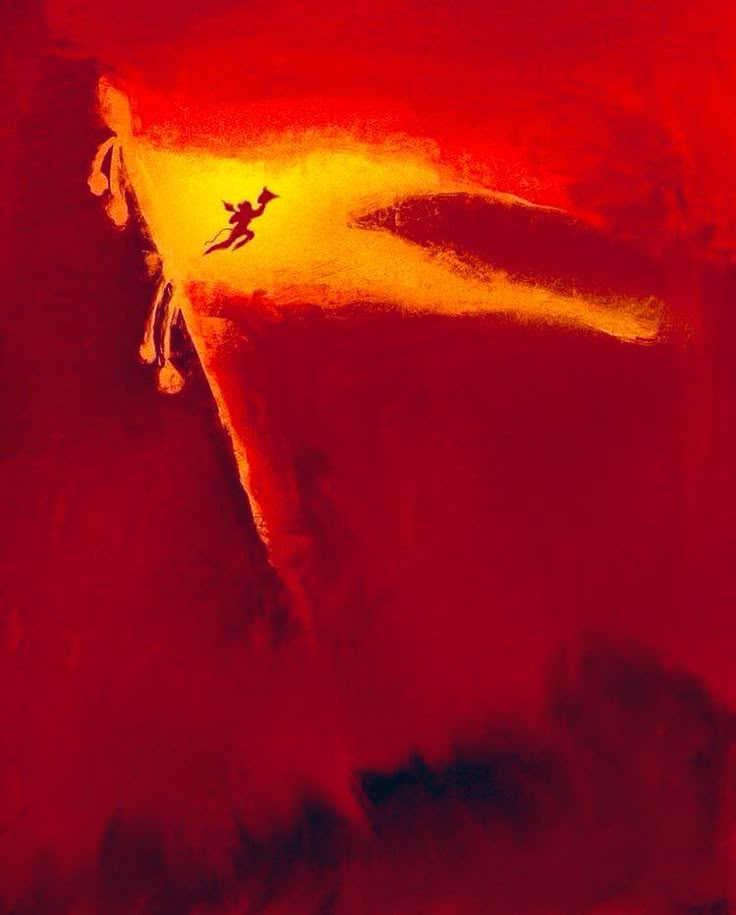 an abstract painting with red and yellow colors, depicting a person on a surfboard