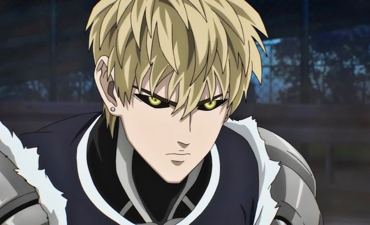 an anime character with blonde hair and green eyes looks at the camera while standing in front of a dark background