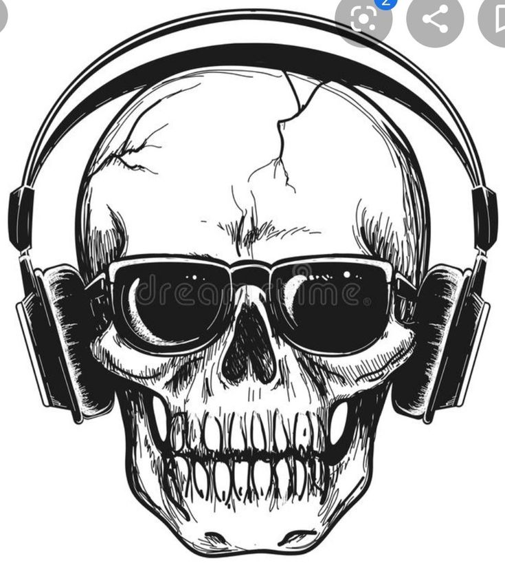 an event poster with headphones and a skull wearing glasses, on the front of a white