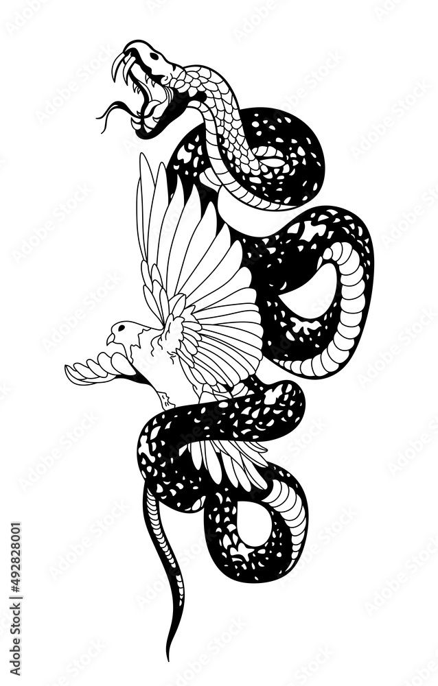 a black and white drawing of a snake with its tail curled up in the air