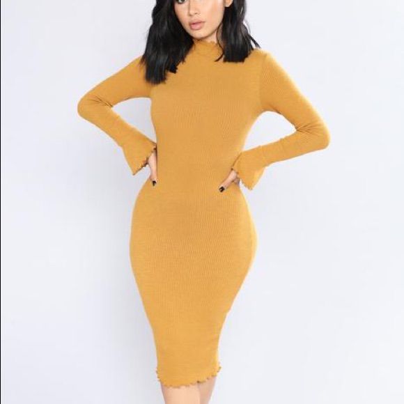 Looks Brand New, Only Worn Once. Yellow Stretch Midi Dress With Long Sleeves, Yellow Stretch Long Sleeve Midi Dress, Yellow Long Sleeve Stretch Midi Dress, Casual Yellow Knee-length Bodycon Dress, Yellow Stretch Midi Dress, Yellow Long Sleeve Bodycon Dress, Yellow Midi Dress For Fall Brunch, Yellow Fitted Dress For Fall, Fitted Yellow Dress For Fall