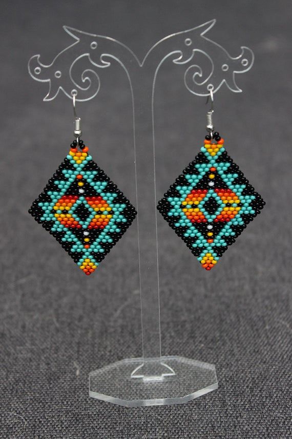 Beaded Earrings Geometric Aztec Earrings Tribal Earrings image 2 Native American Beadwork Earrings, Huichol Jewelry, Brick Stitch Beading, Bead Jewelry Patterns, Aztec Earrings, Native American Beadwork Patterns, Beaded Pouch, Seed Bead Jewelry Patterns, Ribbon Skirt