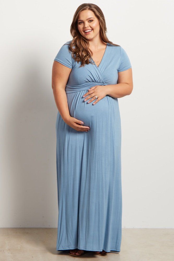 Blue Draped Plus Size Maxi Dress Maternity Maxi Dress With Ruched Detail, Ruched Maxi Maternity Dress, Nursing Friendly Maxi Maternity Dress, Solid V-neck Maternity Dress, Ruched V-neck Maternity Dress, Nursing Friendly V-neck Maternity Maxi Dress, Maternity Nursing Friendly V-neck Maxi Dress, Blue Short Sleeve Maternity Dress, Nursing Friendly, Blue Short Sleeve Nursing-friendly Maternity Dress