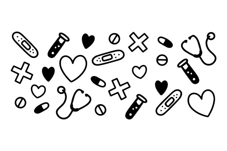 the black and white drawing shows different types of medical equipment, with hearts on them