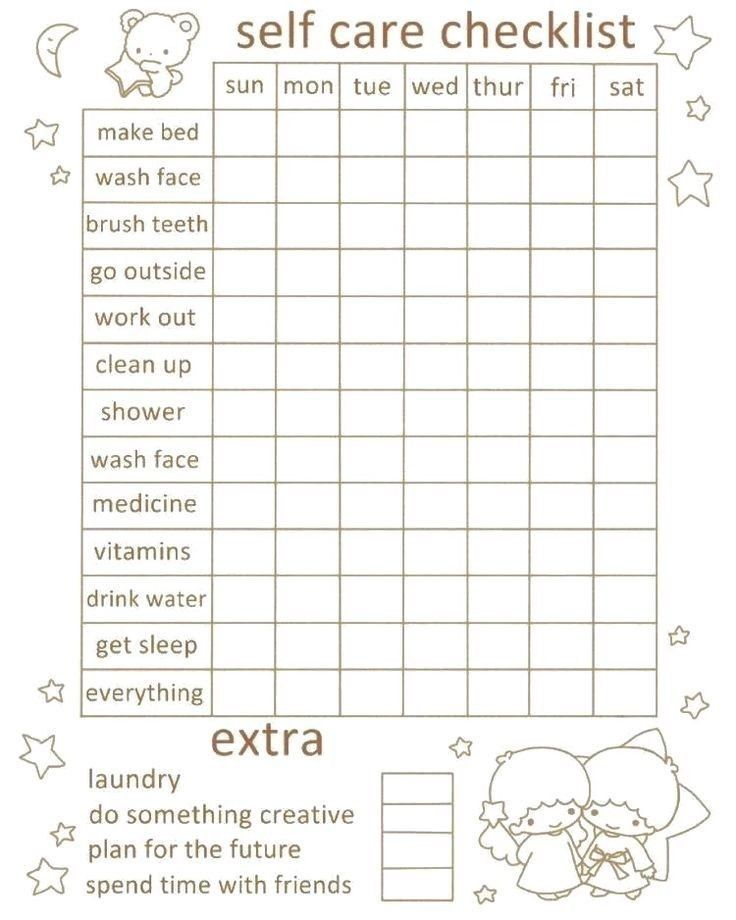 a printable self care checklist for kids with animals and stars in the background