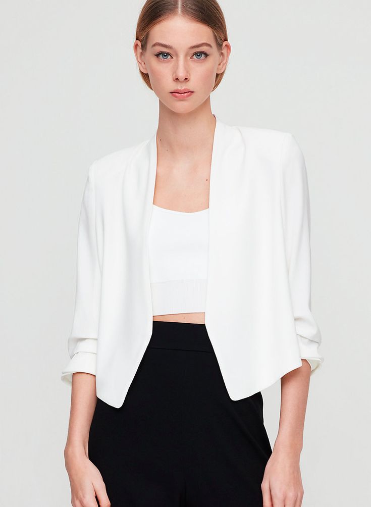 POWER SHORT BLAZER - Cropped, 3/4 rolled sleeve blazer Versatile Fitted Blazer, Classic Fitted Open Front Outerwear, Fitted Open Front Elegant Blazer, Elegant Open Front Formal Blazer, Elegant Fitted Open Front Blazer, Versatile Fitted Formal Blazer, Chic Open Front Formal Outerwear, Elegant Open Front Office Blazer, Elegant Open Front Blazer For Office