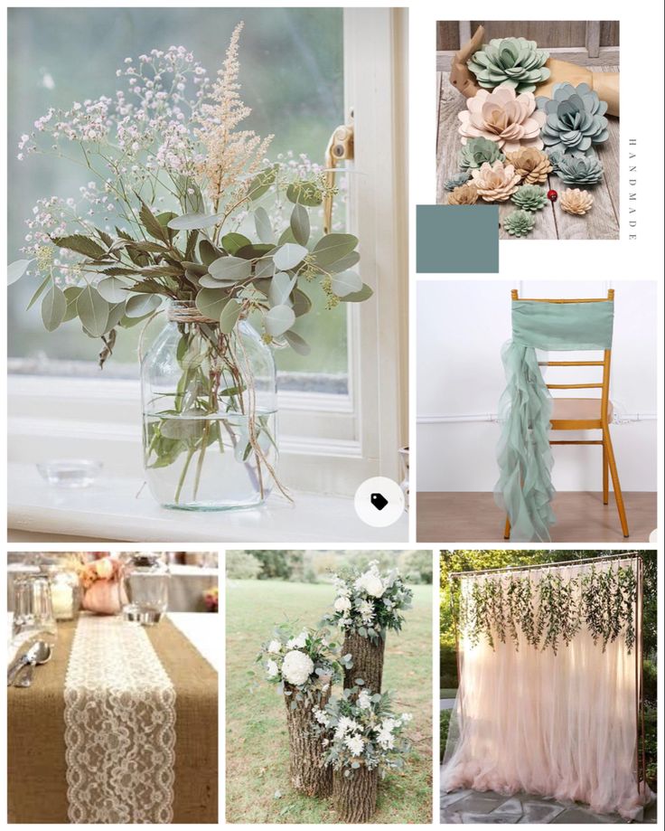 a collage of photos with flowers and greenery