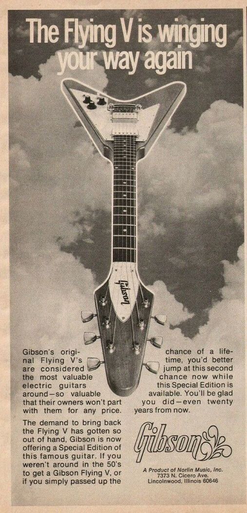 the flying v is winning your way again advertisement from gibsone guitar company, 1971