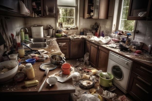 a messy kitchen filled with dirty dishes and clutter