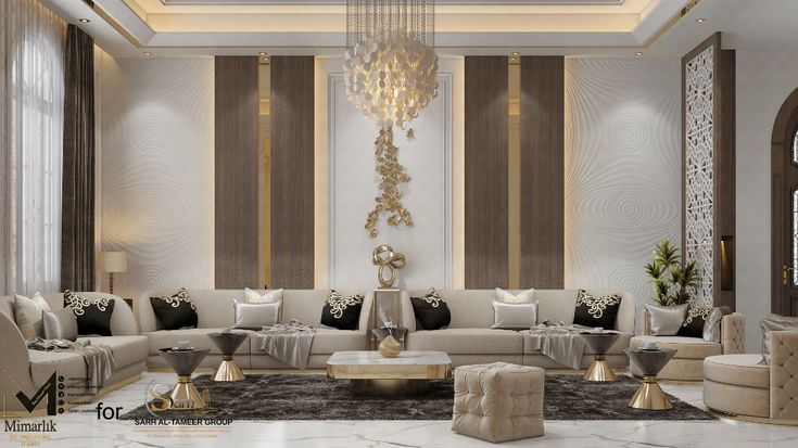 an elegant living room with white couches and gold accents on the walls, chandelier hanging from the ceiling