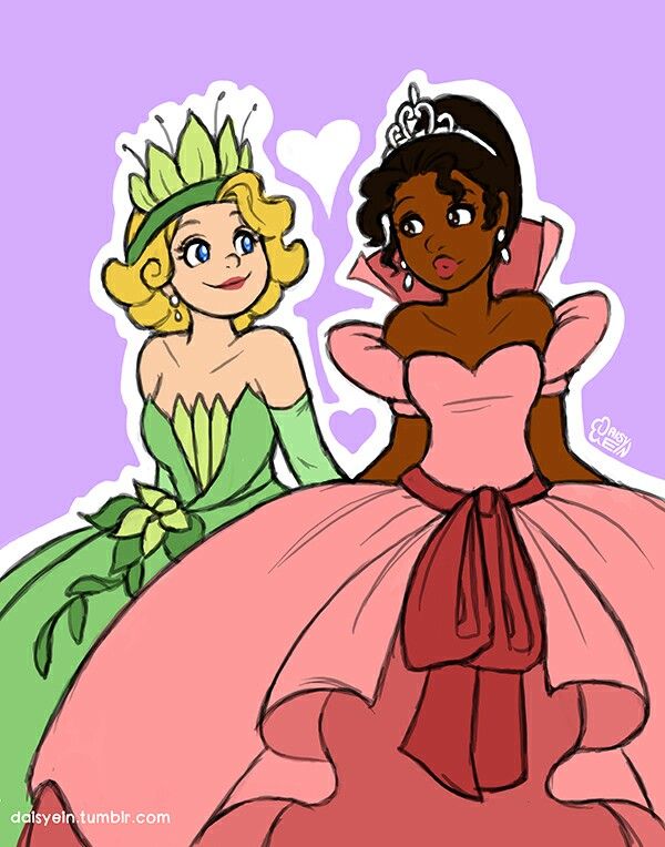 the princess and the frog are standing next to each other in their pink gowns