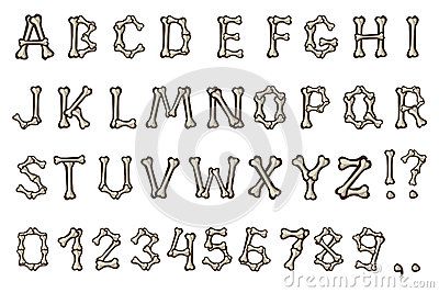 an old english alphabet with bones in the upper and lowercases, on a white background