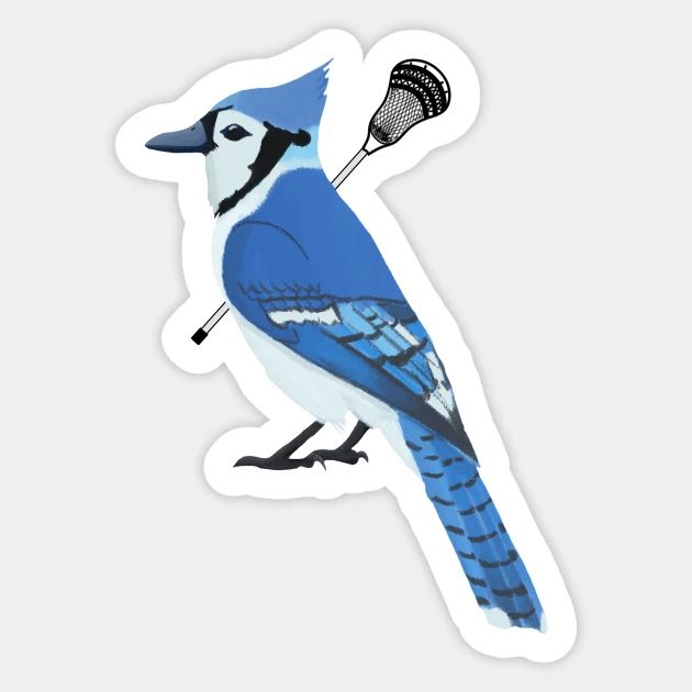 a blue bird with a lacrosse sticker on it's back