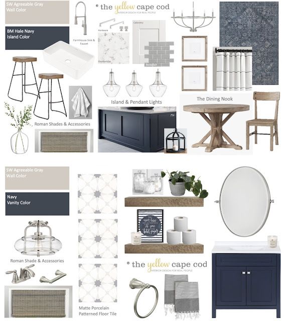 a collage of various furniture and decor items in shades of gray, white, and blue