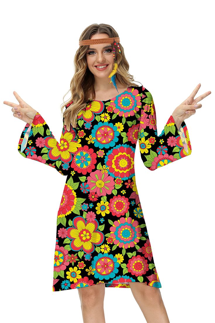 PRICES MAY VARY. 🌈 Hippie Costume Dress Material - Made of 95% Polyester and 5% Spandex, this dress is comfortable and lightweight, crafted from soft, stretchy fabric suitable for various occasions. Dress ONLY, other accessories not included. 🌻 70s Dress Features - This hippie costume features a classic v-neck design with bell sleeves and a flared dresses. It boasts an eye-catching retro floral print, making everything better with this cute and vintage groovy costume dress. 💕 Disco Outfits Oc 70s Fashion Women, Fall Fashion Skirts, Outfits 70s, Women Costumes, 70s Outfits, Hippie Costume, 1970s Dresses, Disco Outfit, Original Fashion