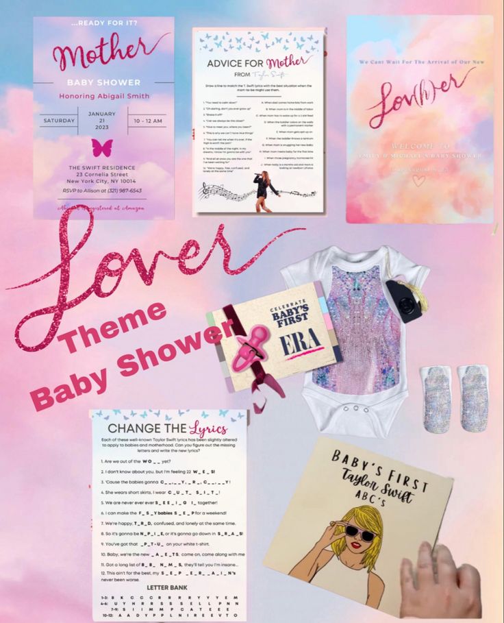 the baby shower is being displayed in pink and blue with an image of a woman's bodysuit