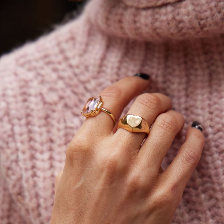 This stunning gold ring features a pink cut genuine glass stone at its center. This luxe design is elegantly crafted from 14k gold plating over plated brass. Nickel And Suede, Luxe Design, Pink Glass, Gold Design, Exquisite Design, Statement Ring, Gold Plating, Gold Ring, Elegant Design