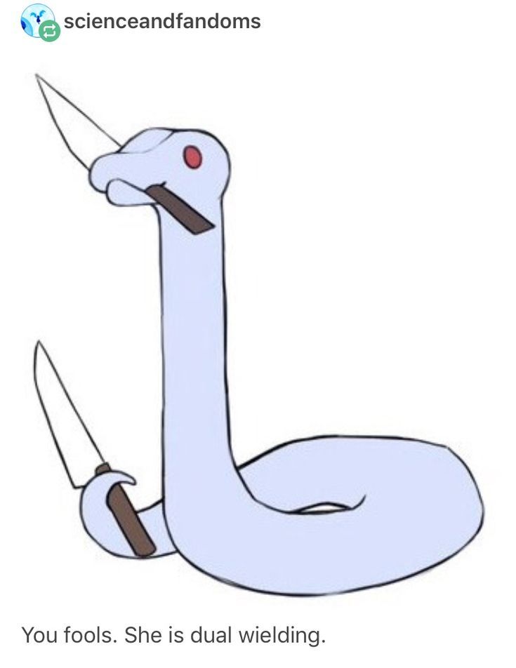 an image of a cartoon snake with scissors in it's mouth and the caption says, you fools she is dual welding