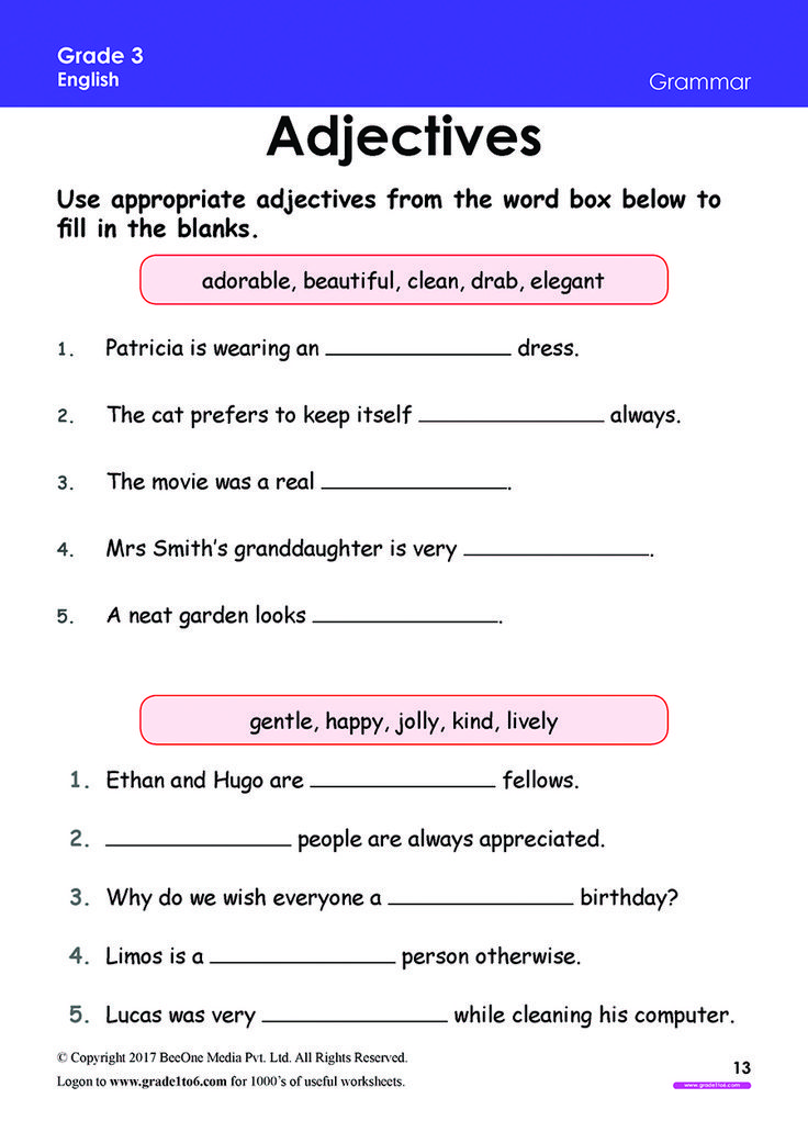 the worksheet for an adjective to describe what is in front of it