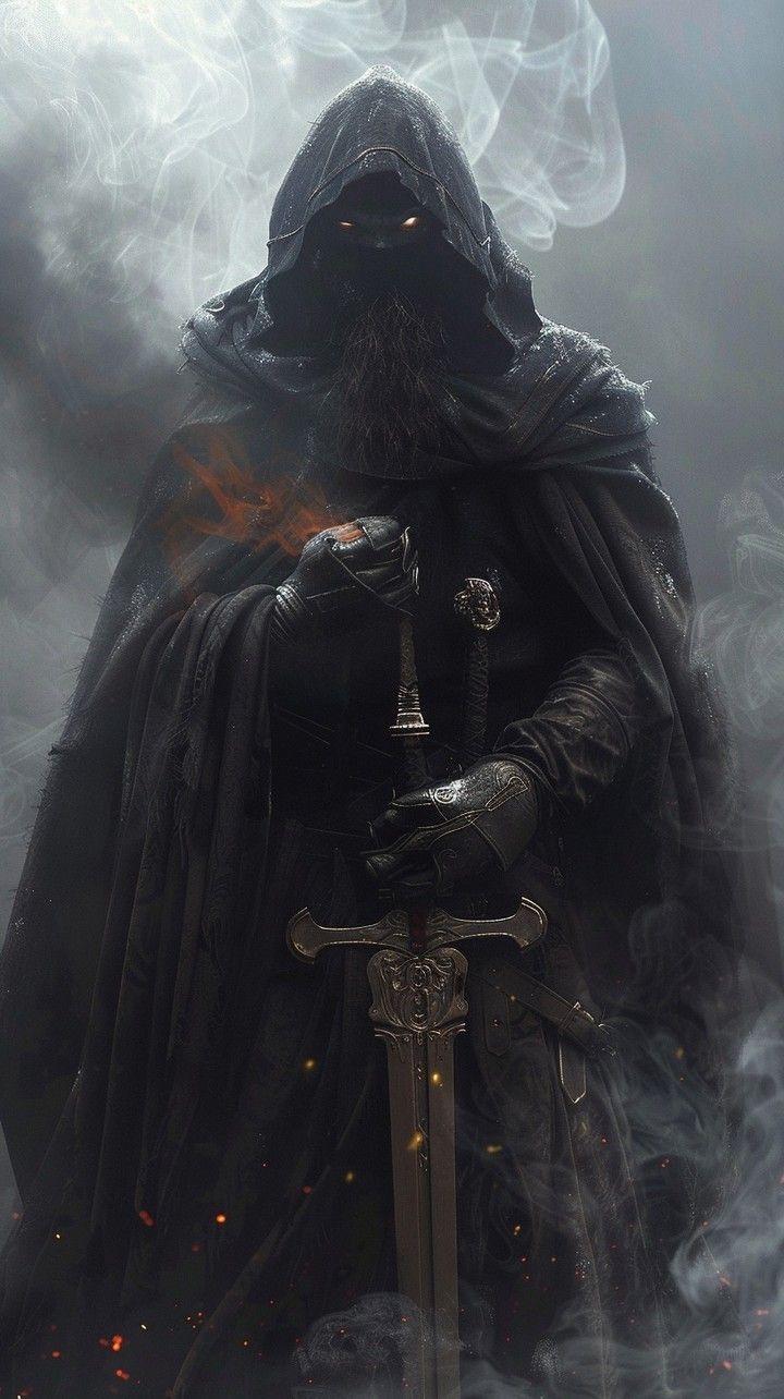 a dark fantasy video game art style hooded figure wearing black robes and holding an ornate sword, there is smoke around the character which gives them some cover from view but not much, the background of scene has mist in it, the character's face and head covered by their cloak so you can't see his features except for eyes, glowing eyes Cloaked Figure Fantasy Art, Fantasy Cloak Art, Game Art Style, Character Environment, Warrior Mentality, Fantasy Video Game, Eyes Glowing, Deep Wallpaper, Fantasy Figures