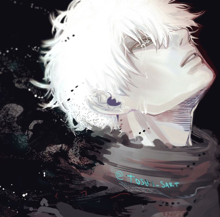 an anime character with white hair and blue eyes swimming in the water, looking to his left