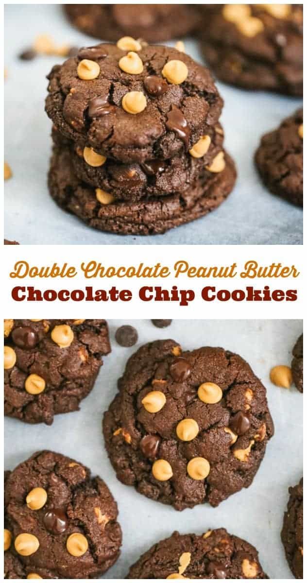 double chocolate peanut butter cookies are stacked on top of each other and the bottom one is filled with peanuts