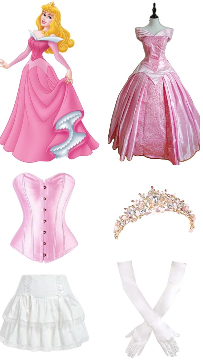 several princess dresses and accessories are shown in this image