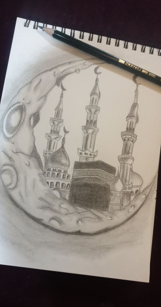 a pencil drawing of a mosque in the moon