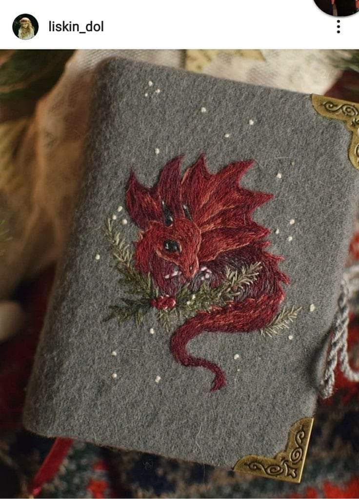 an embroidered book with a red dragon on it