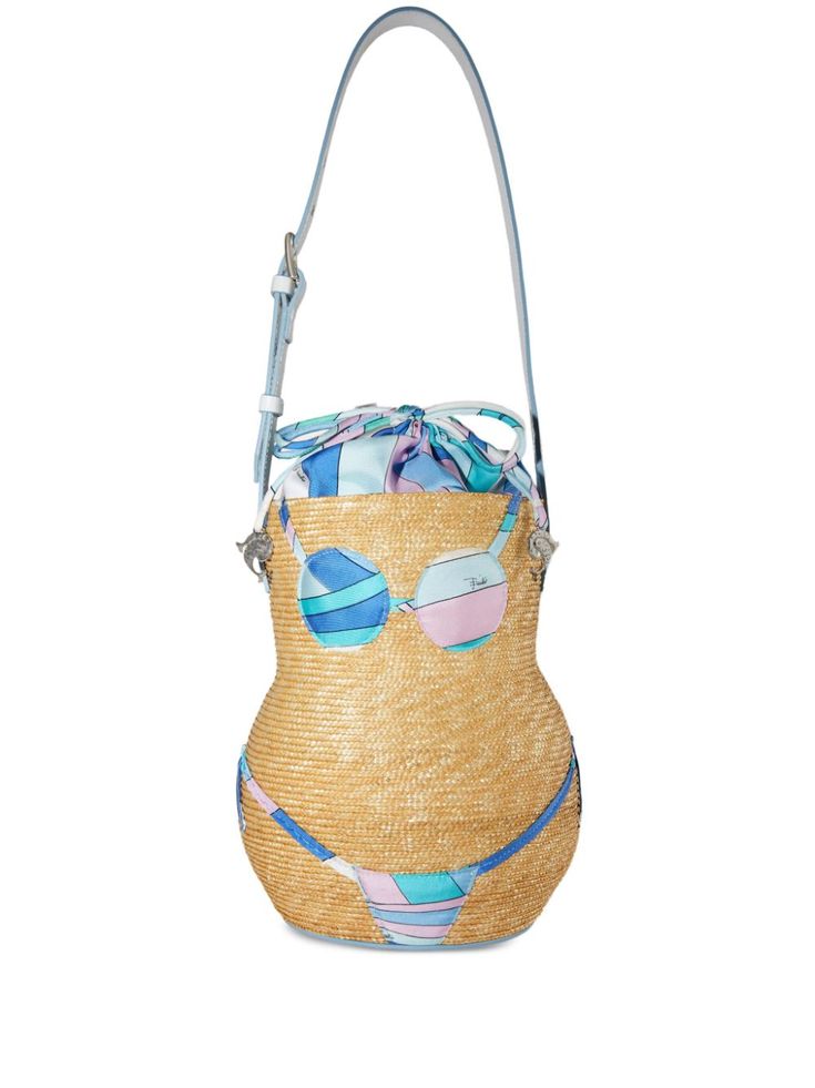 multicolour straw leather graphic print to the front appliqué logo adjustable shoulder strap drawstring fastening main compartment silk lining Straw Bucket Bag, Bucket Bag Style, Van Cleef Arpels, Emilio Pucci, Dolce & Gabbana, Lady Dior, Beach Bag, Lalique, Valentino Garavani