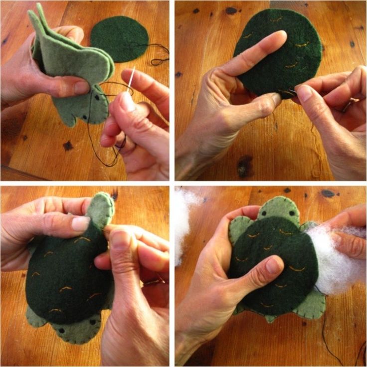 four pictures showing how to make a felt turtle