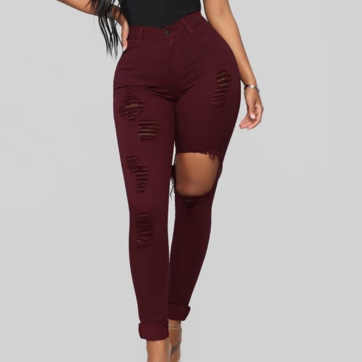 Brand New Fashion Nova High Rise Denim All Tags Are Still Attached Denim Is A Wine Burgundy Color Size 5 Inseam 27.5 In [29] Trendy Red Distressed Bottoms, Casual Red Distressed Bottoms, Casual Distressed Red Bottoms, Red Non-stretch Trendy Jeans, Red High Rise Non-stretch Jeans, Red Non-stretch High-rise Jeans, Burgundy Cotton Jeans For Fall, Fitted Burgundy Casual Jeans, Burgundy Jeans