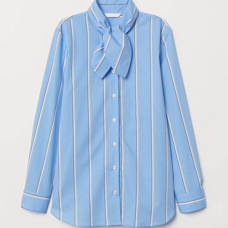 100% Cotton Shirt Baby Blue With Off White Stripes, Tie Neck Product Pic Offers Accurate Color Of Shirt Button Front Shirttail Hem May Run A Size Big (Per Reviews)/Could Fit A Size 10 H&m Tops With Button Closure For Daywear, H&m Spring Shirt, Chic Collared H&m Shirt, Chic Blue H&m Tops, H&m Spring Button-up Shirt, Chic Collared Shirt From H&m, Chic Collared Shirt By H&m, H&m Long Sleeve Shirt For Work, H&m Button Closure Shirt For Spring