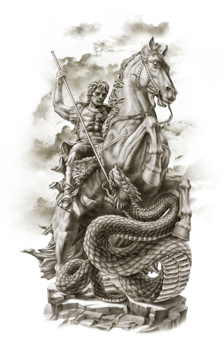 a black and white drawing of a man on a horse with a snake around his neck