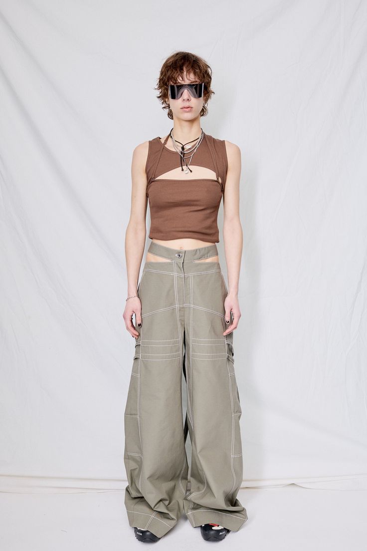 Tunnel Vision Clothing, Cargo Pants Runway, Modular Clothing, Modular Fashion, Pant Design, Stirrup Pants, Contrast Topstitching, Waistband Pants, Photoshoot Studio