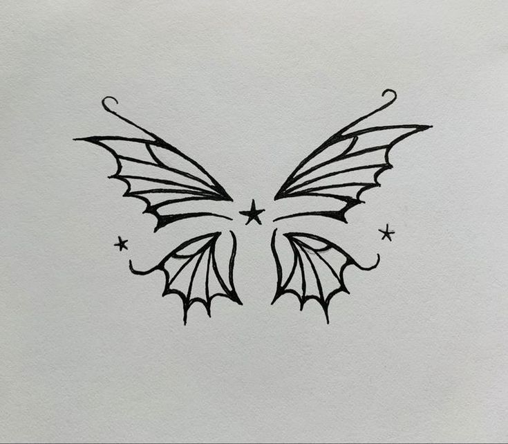 a black and white drawing of a butterfly with stars on it's back wing