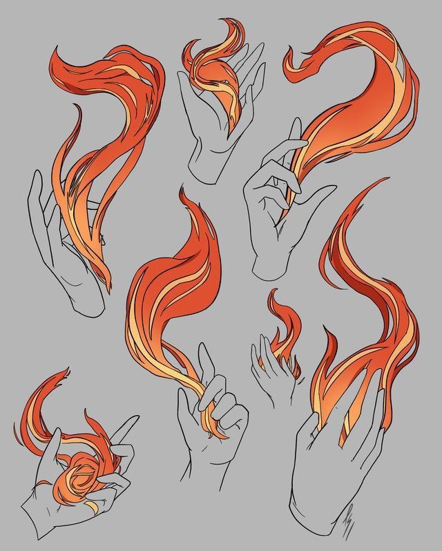 hand gestures with orange flames on grey background